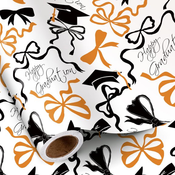 Reversible Graduation Wrapping Paper Roll, Mini Roll, Gold Class of 2026 Congrats Grad Design with Caps and Black Star Pattern, Gold Foil Gift Wrap for Graduation Party, 17 Inch x 16.4 Feet