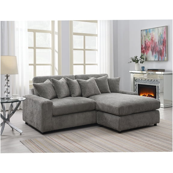 Reversible Gray Corduroy Sectional Sofa with Pocket Coil Seating and Pillows