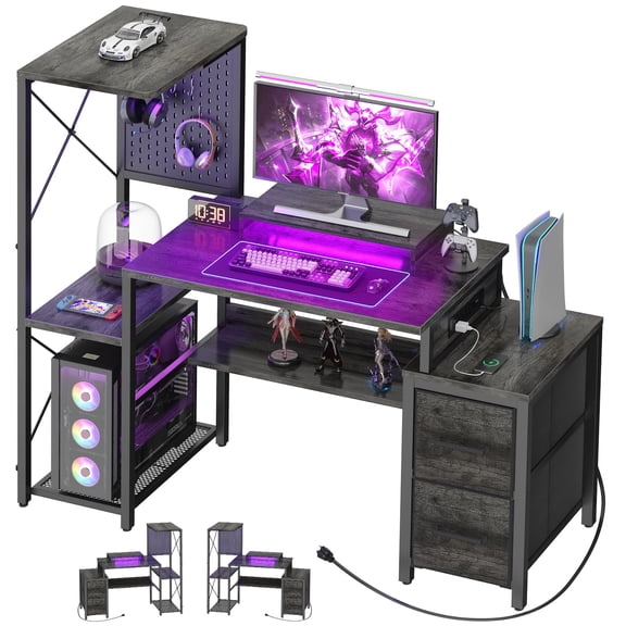 Reversible Grey Oak Gaming Desk with 2 Drawers, LED Lights, Power Outlet &
