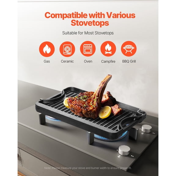 Reversible Grill/Griddle, 14x8.5 inch Pre-Seasoned Cast Iron Griddle, Portable R