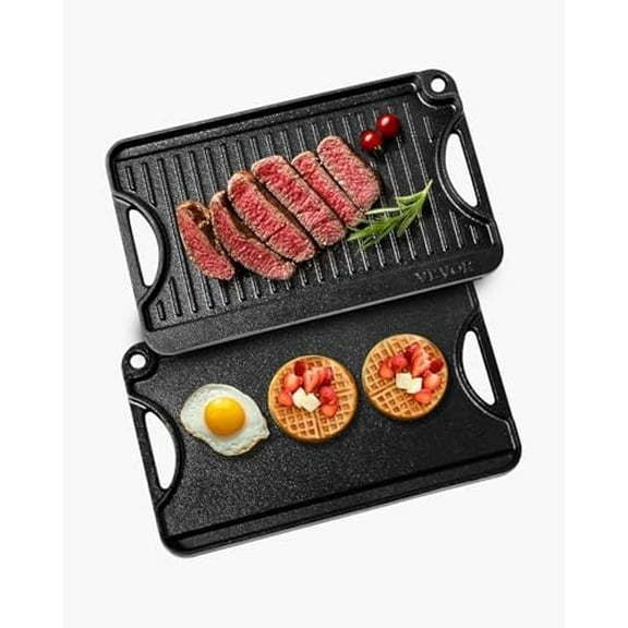Reversible Grill/Griddle, 14x8.5 inch Pre-Seasoned Cast Iron Griddle, Portable Rectangular Pan with Handle, Family Cookware for Indoor/Outdoor Stove Top Burner, Gas, Camping BBQ, Black