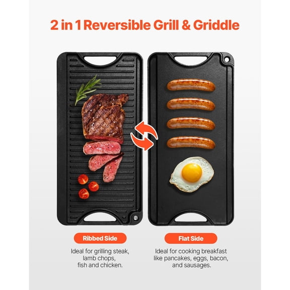 Reversible Grill Griddle 20x10 Inch Pre-Seasoned Cast Iron Griddle Portable Rectangular Pan with Handle Family Cookware for Indoor Outdoor Stove Top Burner Gas Camping BBQ Black