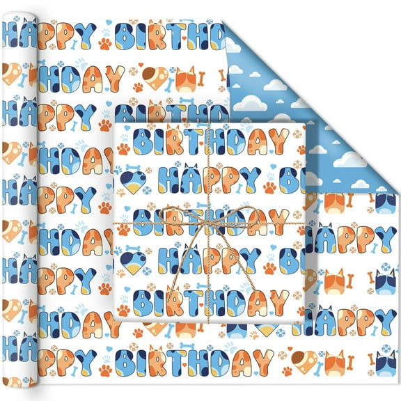 Reversible Happy Birthday Wrapping VTF5Paper, 8 Sheets Blue Dog Gift Wrap Paper in Sky White Clouds Pattern for Kids Boys Girls Birthday Party Baby Showers Holiday Greeting | 19.727.6 inch