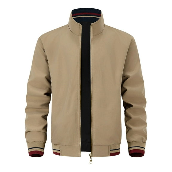 Reversible Hooded Jacket for Men Long Sleeve Stand Collar Zip Up Cardigan Coat with Pockets Khaki M