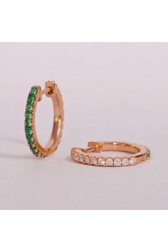 Reversible Hoop Earrings, Diamond & Emerald Earring, Double Side Hoop Earrings, Minimalist Earrings, 925 Silver Huggie Hoop Earrings