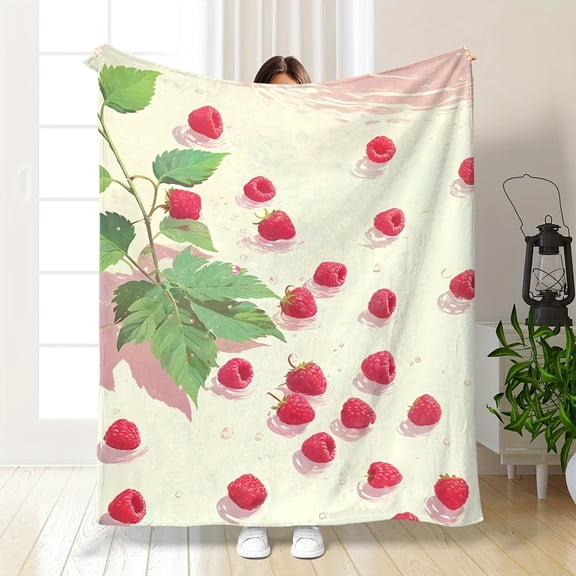 Reversible Hypoallergenic Flannel Throw Blanket - All-Season Soft Bedspread with Raspberry Print (Red Berries & Green Leaves), Beige Pink Pastel Pink - 250-300 GSM Machine Washable Bedspread