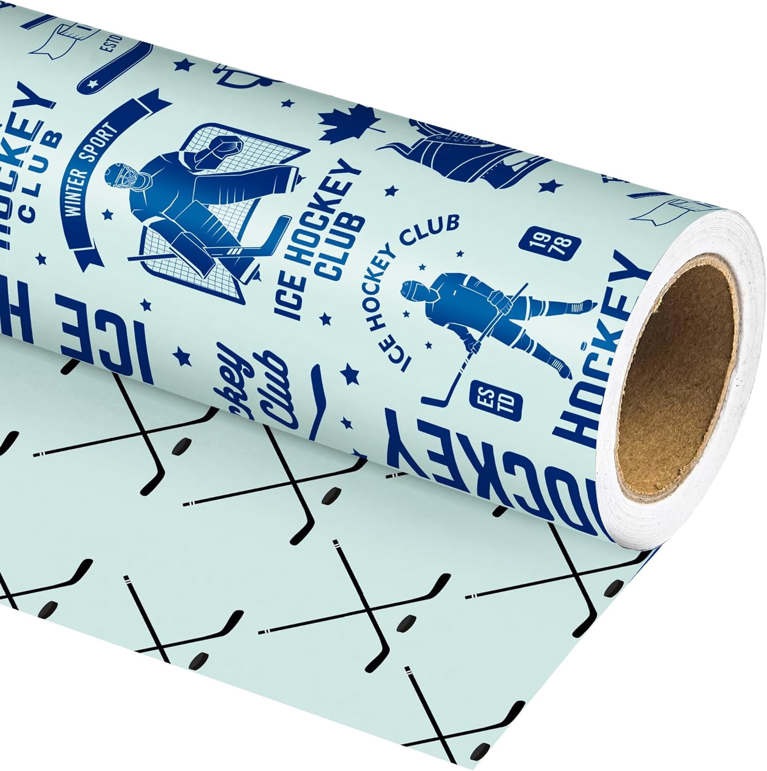 Reversible Ice Hockey Wrapping Paper Roll Blue Hockey Sports Gift Wrap Sheets for Girls Boys Men Women Birthday Holiday Party - Total 28.5sq.ft