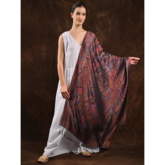 Reversible Jamawar Stole from Amritsar with Woven Paisleys and Flowers in Multi-Color Thread – Spiced Plum