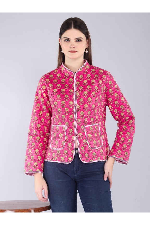 Reversible Kantha Jacket | Floral Quilted Cotton Coat | Boho Block Print Layer for Women