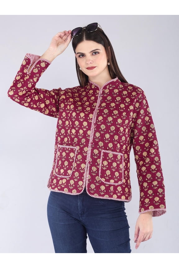 Reversible Kantha Jacket | Maroon Floral Quilted Cotton Coat | Boho Block Print Layer for Women