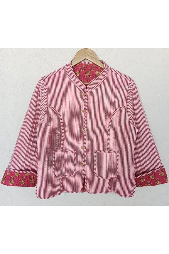 Reversible Kantha Jacket | Floral Quilted Cotton Coat | Boho Block Print Layer for Women