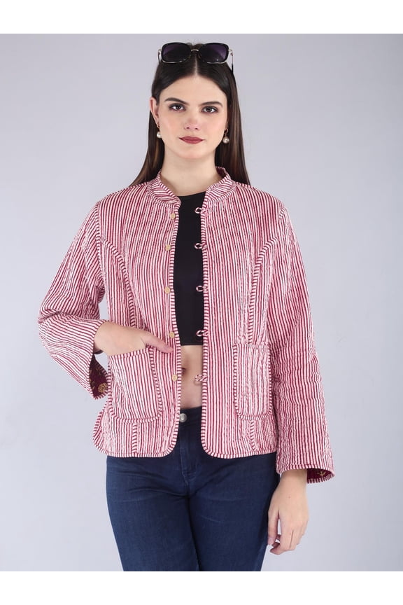 Reversible Kantha Jacket | Maroon Floral Quilted Cotton Coat | Boho Block Print Layer for Women