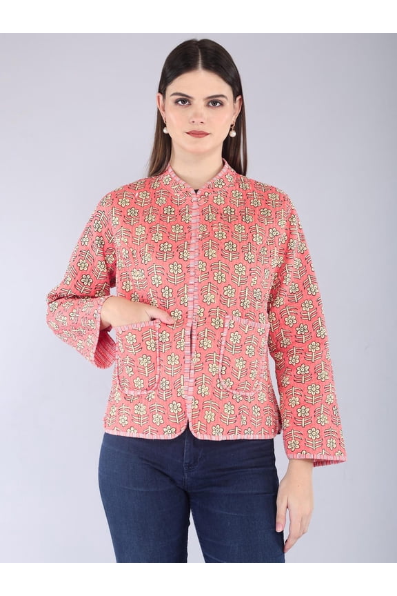 Reversible Kantha Jacket | Floral Quilted Cotton Coat | Boho Pink Block Print Layer