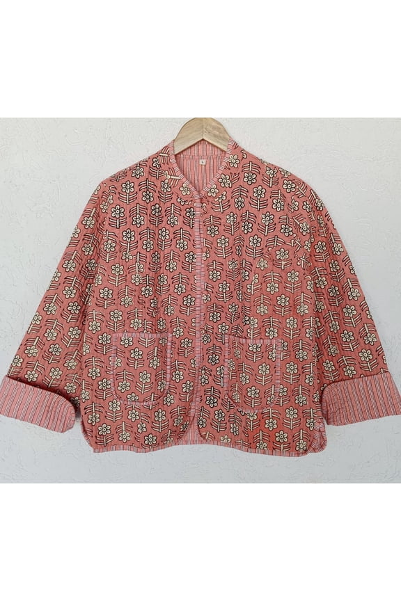 Reversible Kantha Jacket | Floral Quilted Cotton Coat | Boho Pink Block Print Layer
