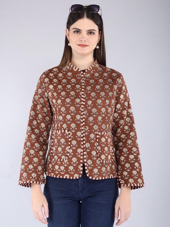 Reversible Kantha Jacket | Brown Floral Quilted Cotton Coat | Boho Block Print Layer for Women