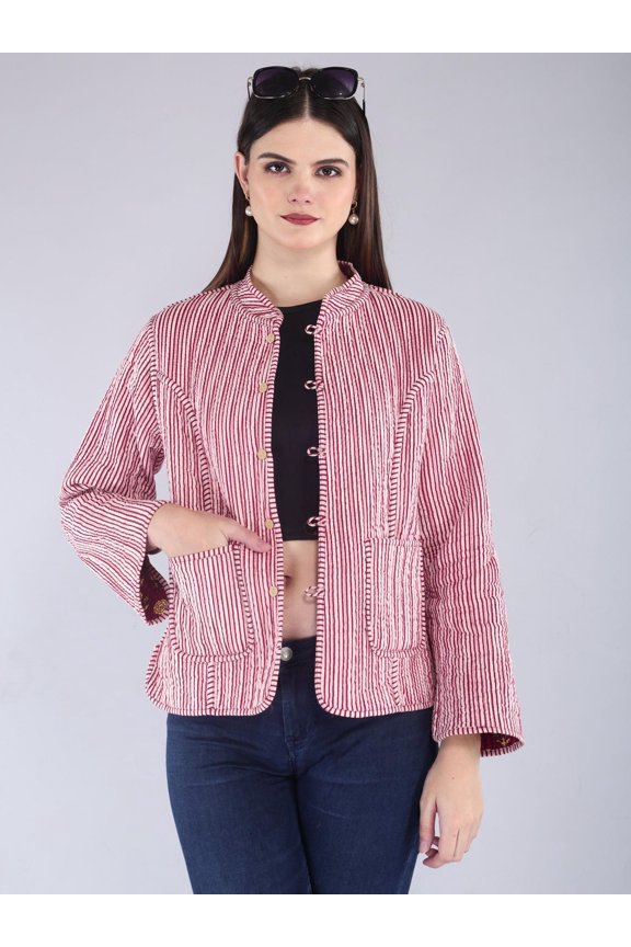 Reversible Kantha Jacket | Maroon Floral Quilted Cotton Coat | Boho Block Print Layer for Women