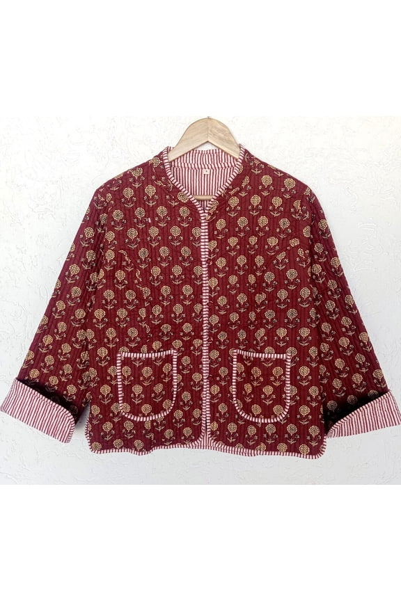 Reversible Kantha Jacket | Maroon Floral Quilted Cotton Coat | Boho Block Print Layer for Women