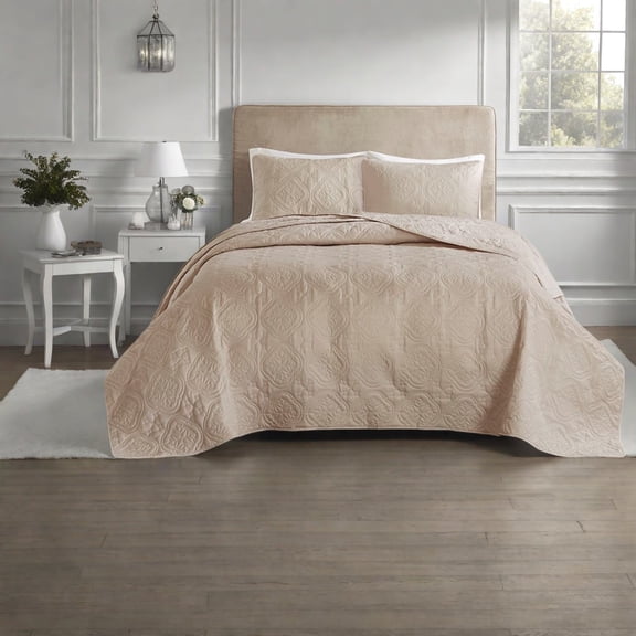 Reversible Khaki Bedding Sets Oversized Microfiber Quilt with Shams Full/Queen