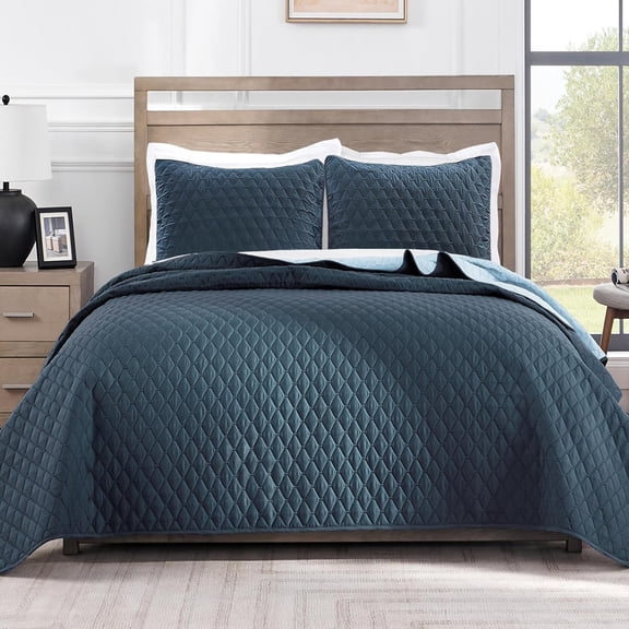 Reversible King Size Quilt Bedding Set with Pillow Shams, Lightweight Quilts King Size, Soft Bedspreads Bed Coverlets for All Seasons - (Navy Blue, 104"x96")
