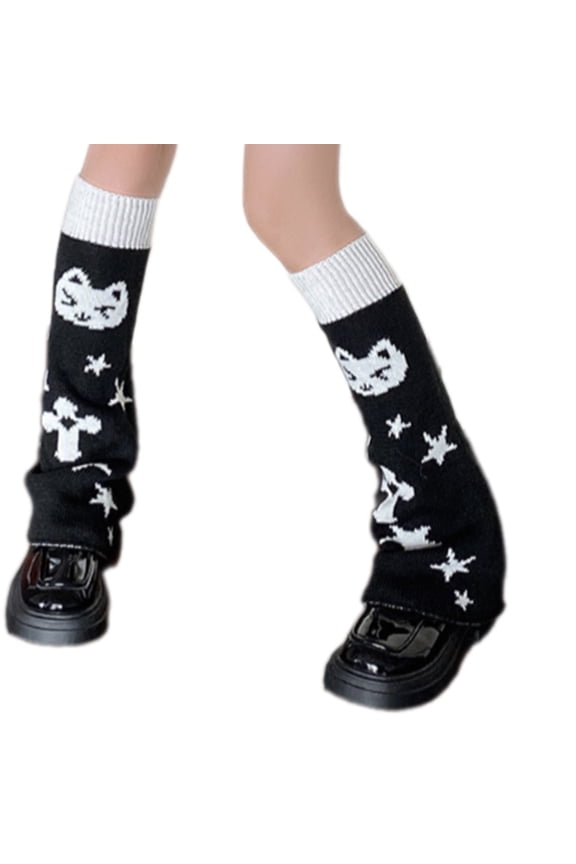 Reversible Knitted Long Tube Leg Warmers with Cats Star Pattern for Women Punk Flared Boot Covers