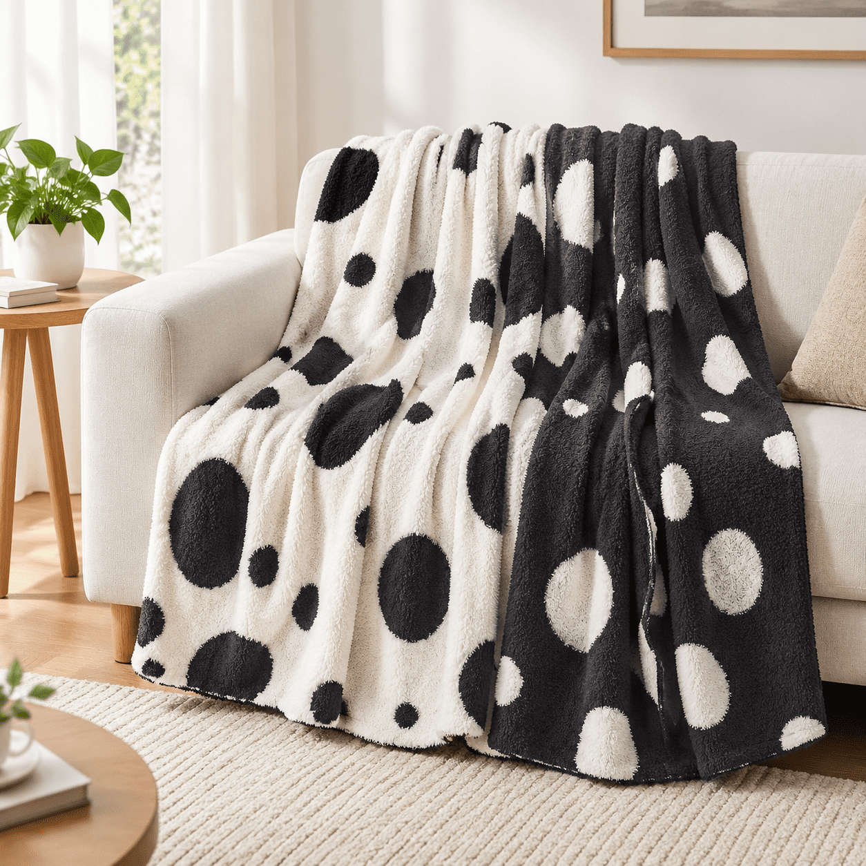 Reversible Knitted Throw Blanket, Jet Black and White Polka Dot, 50