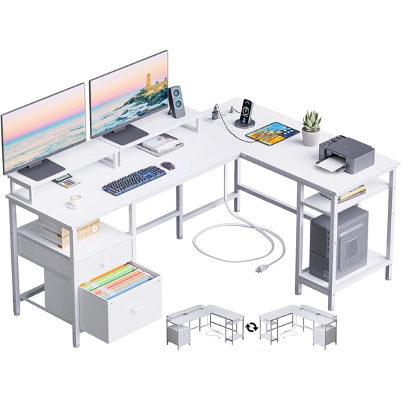 Reversible L Shaped Computer Desk with Power Outlet, Fabric Storage Drawer & Dual Monitor Riser, Large Corner Gaming Desk with Adjustable Shelf for Home Office