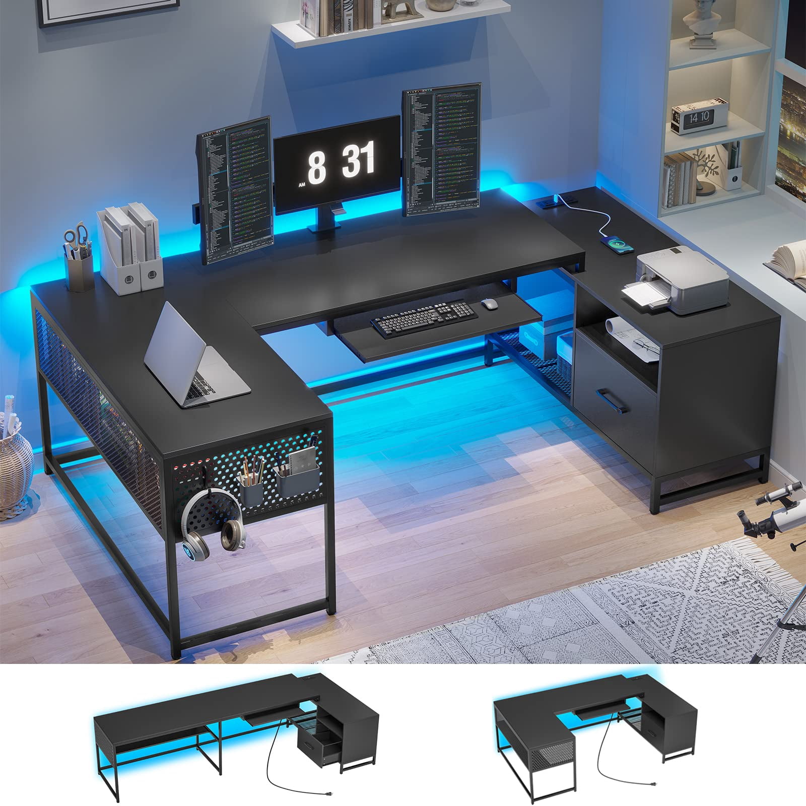Reversible L Shaped Computer Desk with File Drawer & Power