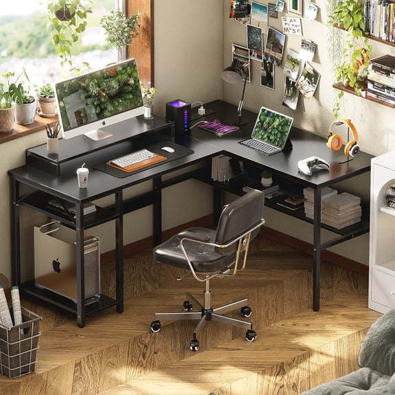Reversible L Shaped Desk with Magic Power Outlets and Smart LED Light, Sturdy Corner Computer Desk with Monitor Stand & Storage Shelves, Gaming Table Home Office Desk, Easy Assembly, Black