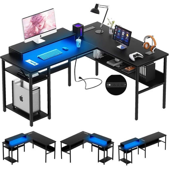 Reversible L Shaped Desk with Magic Power Outlets and Smart LED Light, Sturdy Corner Computer Desk with Monitor Stand & Storage Shelves, Gaming Table Home Office Desk, Easy Assembly, Black