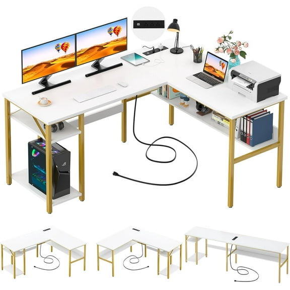 Reversible L Shaped Desk with Magic Power Outlets and USB Charging Ports, Sturdy Corner Computer Desk with Storage Shelves, Gaming Table Home Office Desk, Easy to Assemble, White and Gold