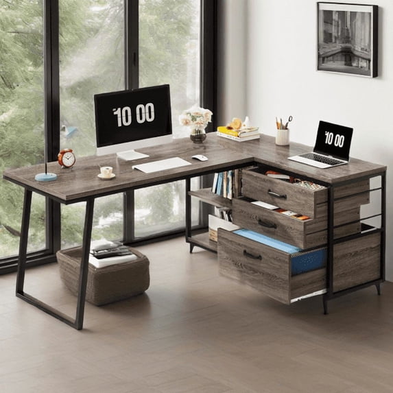 Reversible L-Shaped Desk with File Cabinet - 53"W×19.7"D, 2 Drawers, 2 Open Shelves, Industrial Style - for Home Office, Gaming & Study