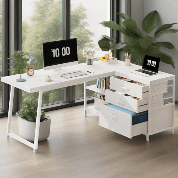 Reversible L-Shaped Desk with File Cabinet - 53"W×19.7"D, White Finish, 2 Drawers & 2 Shelves - for Home Office, Study & Gaming