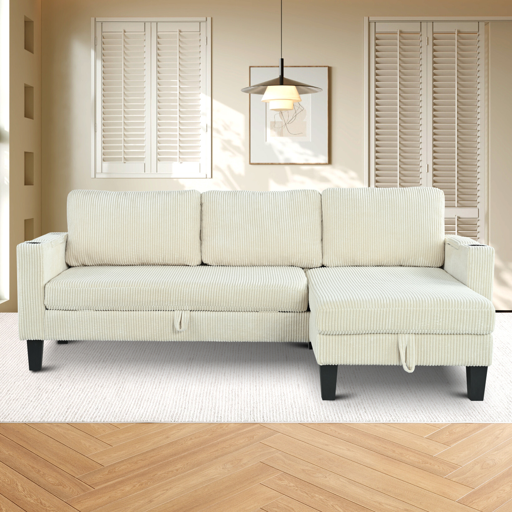 Reversible L-Shaped Sectional Sofa Bed with Storage Chaise, Cup Holders ...