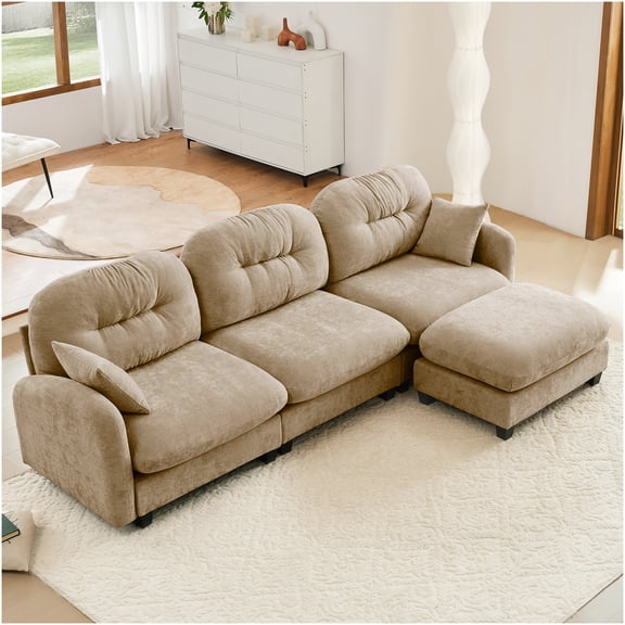 Reversible L-Shaped Sectional Sofa with Ottoman, Camel Chenille Upholstery, Tufted Back, Modular Design for Living Room