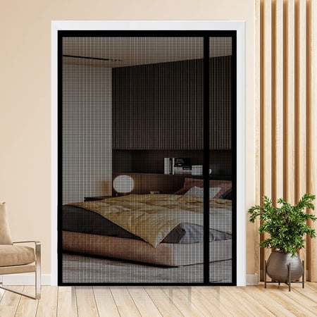 Reversible Left or Right Side Opening Magnetic Screen Door, Narrow Durable Fiberglass Mesh Curtain Hands Free for Patio, Bedroom, Fits Door Size 60" x 80", Black
