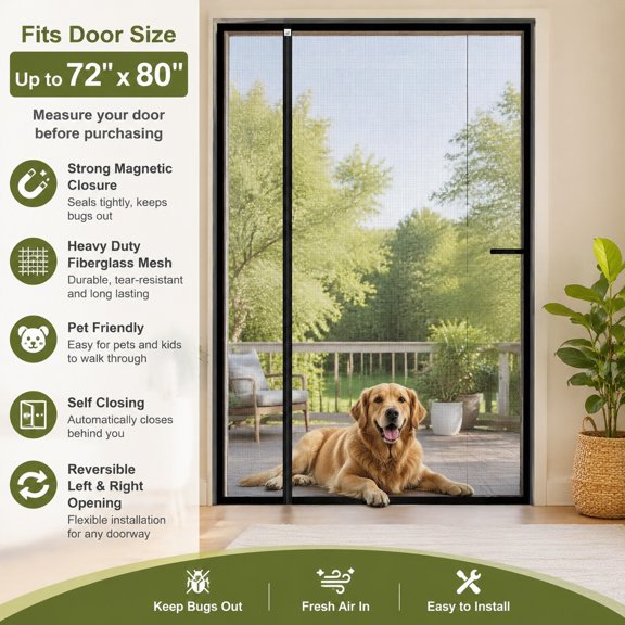 Reversible Left Right Side Opening Screen Door Mesh Magnetic Closure Heavy Duty Self Closing Fiberglass Bug Net for Sliding Doors 72 x 80 inch