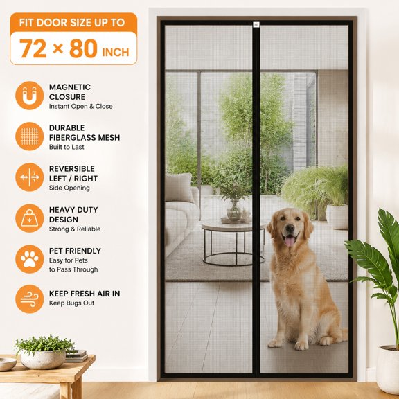 Reversible Left Right Side Opening Screen Door Mesh Magnetic Closure Heavy Duty Self Closing Fiberglass Bug Net for Sliding Doors 72 x 80 inch