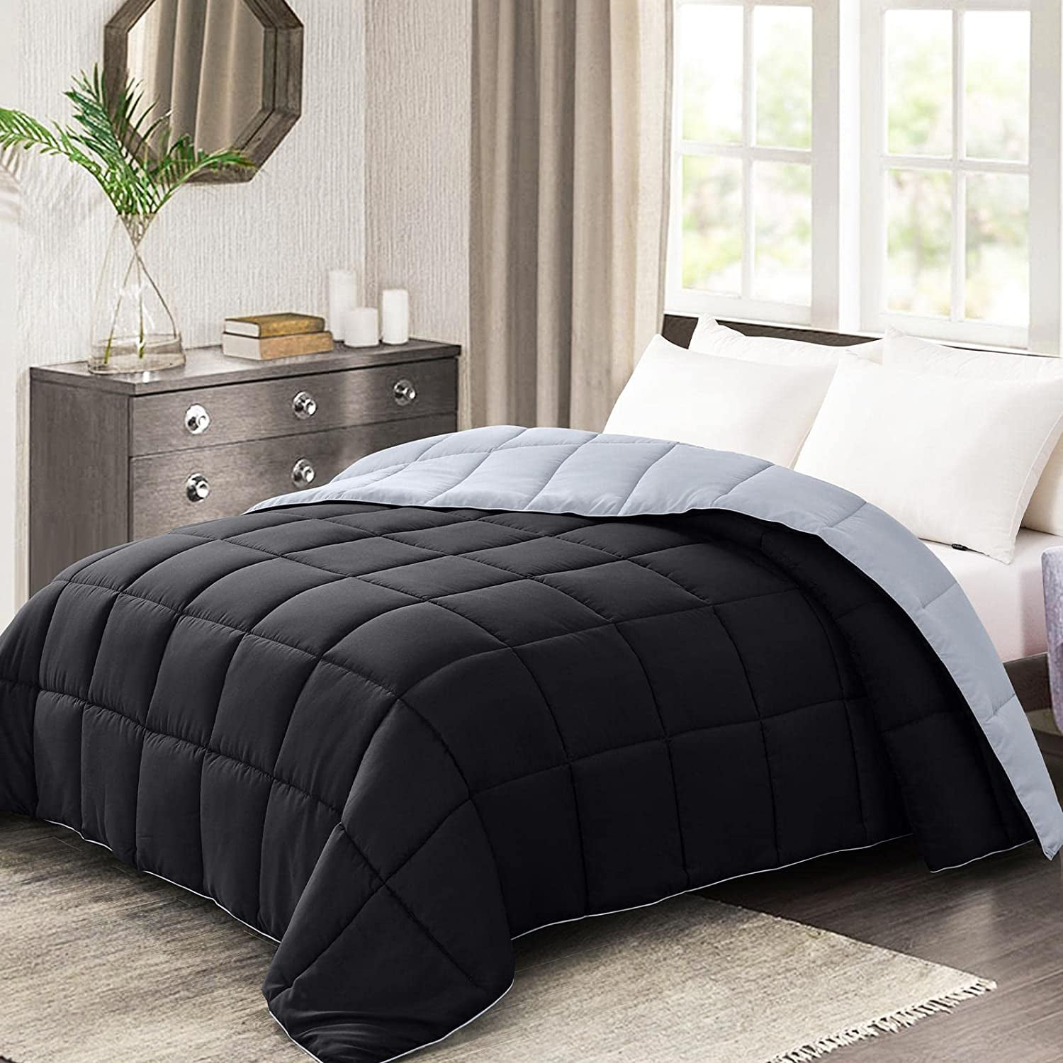 Reversible Lightweight Queen Comforter Down Alternative Blue Grey All Season Quilted Bedding
