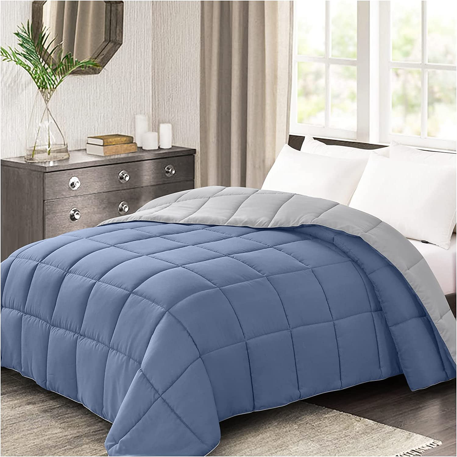 Reversible Lightweight Queen Comforter Down Alternative Blue Grey All Season Quilted Bedding
