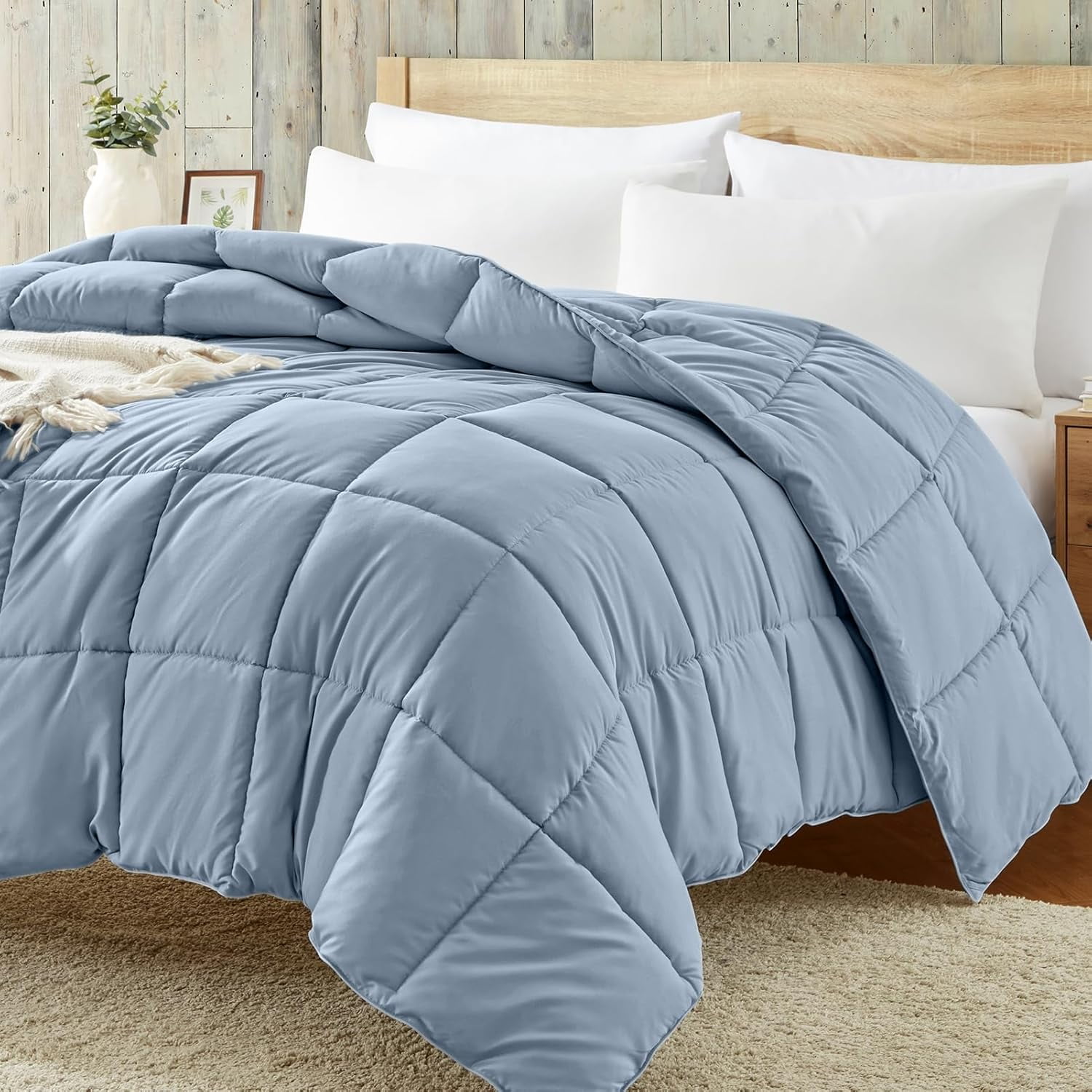Reversible Lightweight Queen Comforter Down Alternative Blue Grey All Season Quilted Bedding