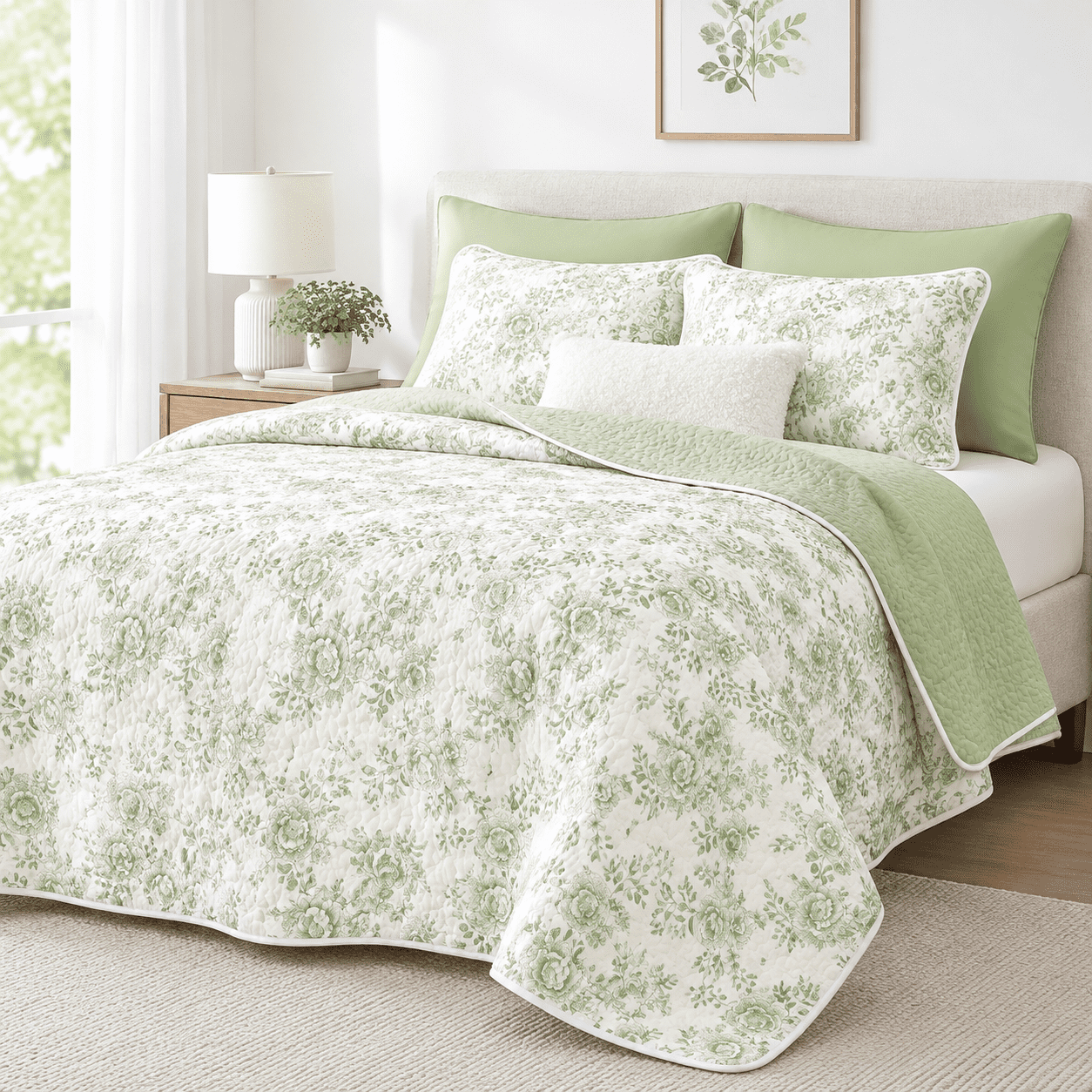 White Electronic Pattern Reversible Lightweight Quilt Set, Green White, Queen / Full, 3 Pieces ...