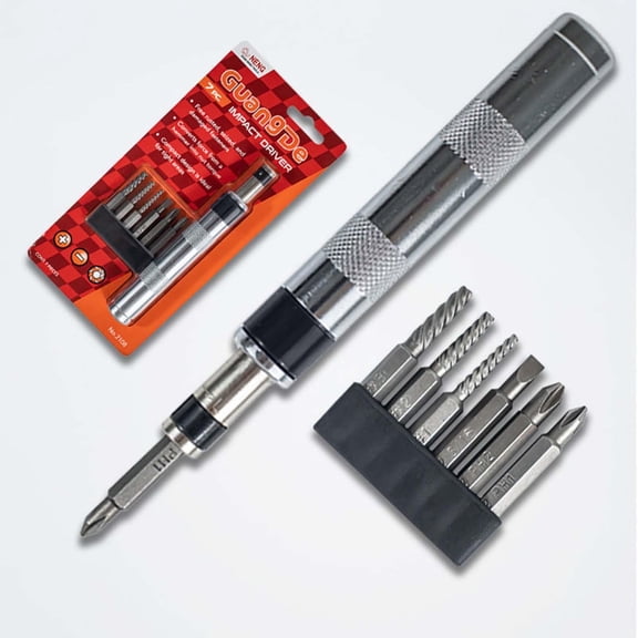 Reversible Manual Impact Driver Set with Hex Handle and Replaceable Bits for Removing Stuck or Broken Screws