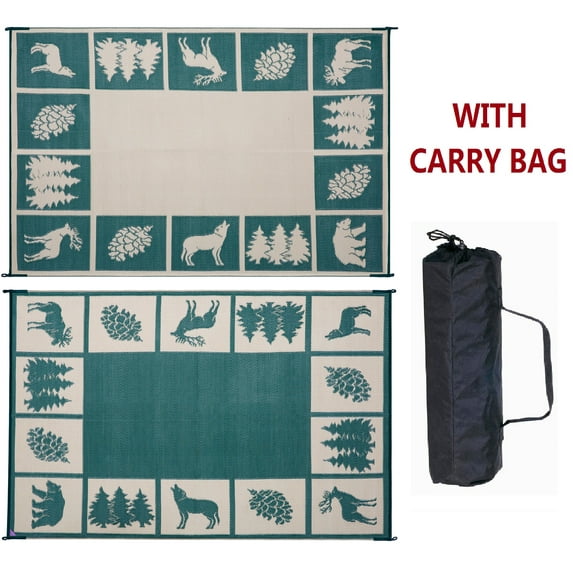 Reversible Mats 9' x12' RV Patio Garden Wilderness Mat, Hunter Green/BEIGE