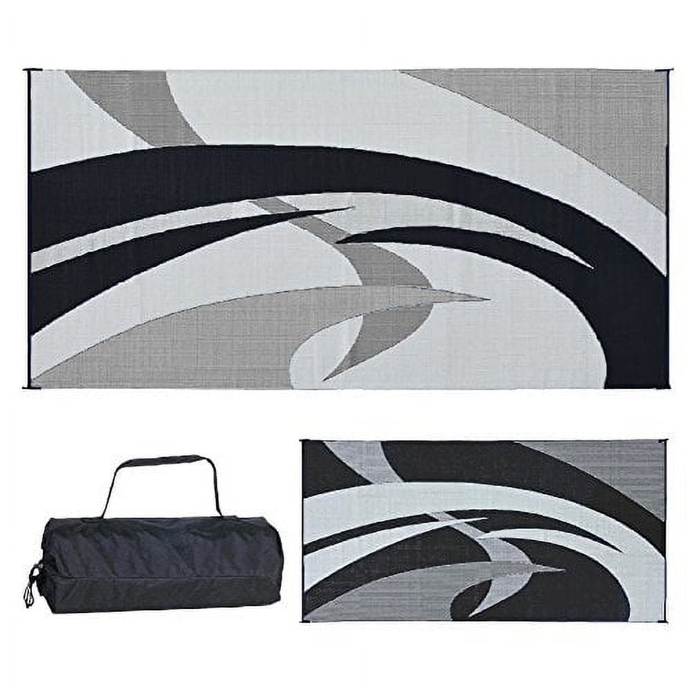 Reversible Mats Outdoor Patio/RV Camping Mat, Swirl (Black/White, 9Ft