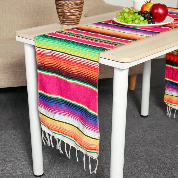 Reversible Mexican Table Runner Tablecloth with Tassels for Mexican Home Fiesta Party Decorations Outdoor Wedding Ceremony, 14''W x 84''L Fringe Cotton Serape Blanket - Red