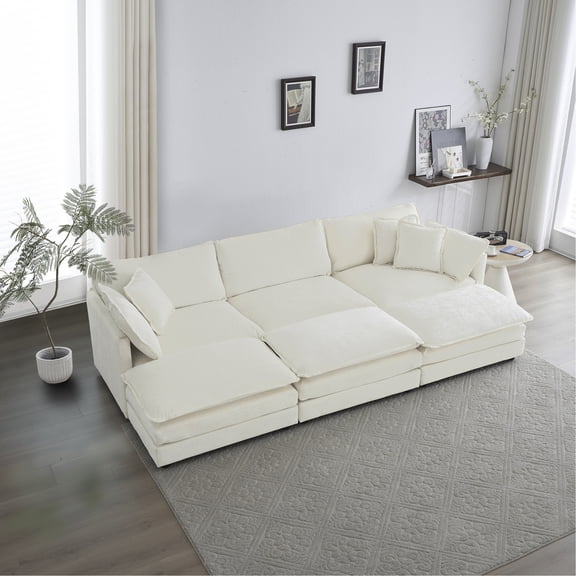 Reversible Modular Sectional With 3 Ottomans & Pillows. Wood Frame, Breathable Chenille Fabric, Superior Sponge. U Shaped For Relax. White, Seat. Easy Assembly Effortless