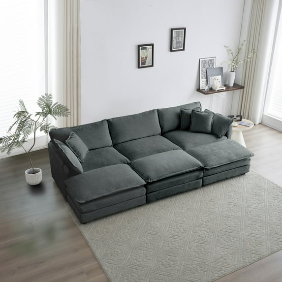 Reversible Modular U-Shaped Sectional Sofa with Deep Seating, 3 Ottomans, Pillows in Gray Chenille Fabric