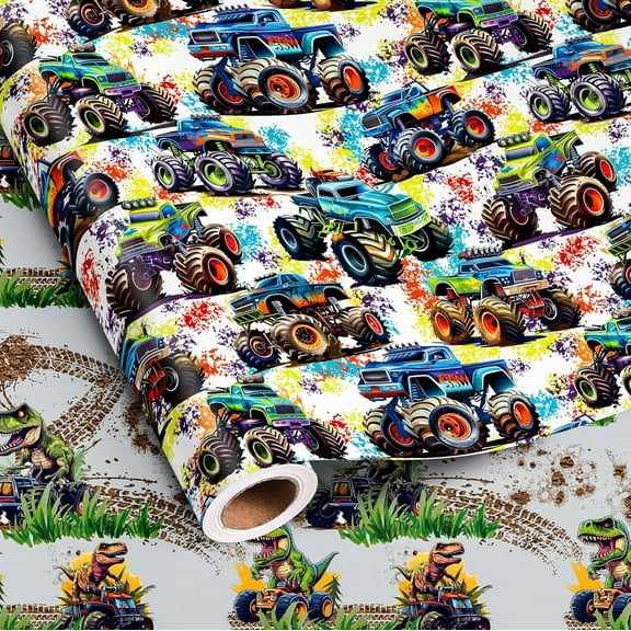 Reversible Monster Truck Wrapping Paper Roll for Boys Kids - Dinosaur in Pickup, Racing Car Gift Wrap Sheets for Birthday Baby Shower Holiday Party (Total 28.5sq.ft)