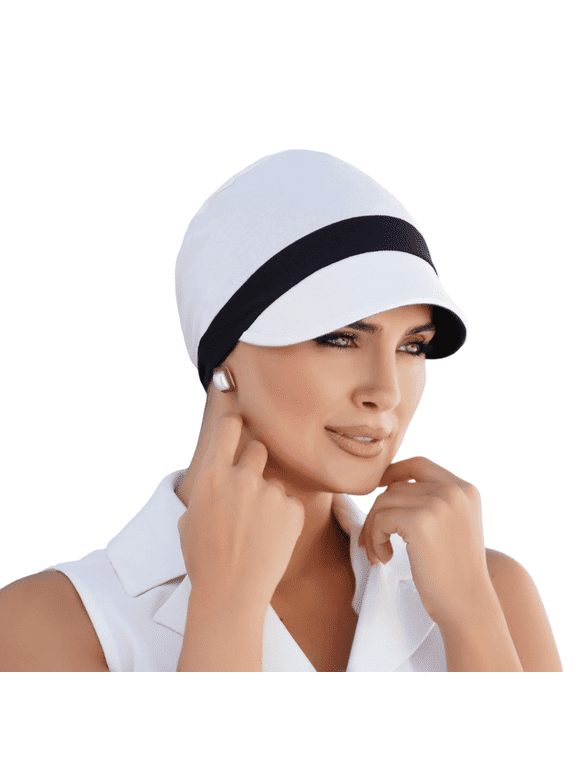Reversible Newsboy Chemo Hat for Women, KATIA Soft Breathable UPF 50+ Foldable Cap, One Size (Black and White)
