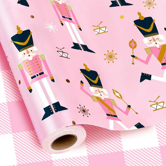 Reversible Nutcracker Wrapping Paper, Pink Christmas Wrapping Paper, Pastel Pearly-Lustre Nutcracker and Plaid Design Christmas Gift Wrap for Holiday, Party (Mini Roll, 17 Inch X 33 Feet)